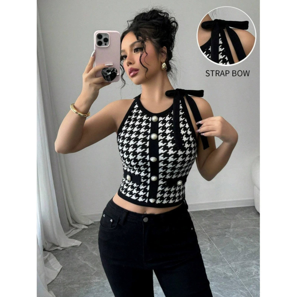 ZARA Womens Sexy Sleeveless Houndstooth Slim Fit Halter Tie Black Short Vest